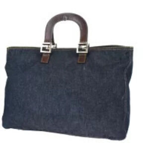 Fendi Handbag Tote Denim Navy Blue Canvas Leather
